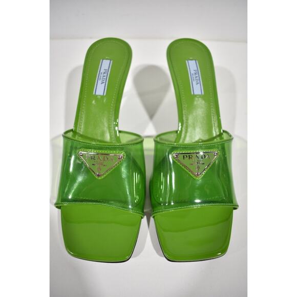 Prada Plexiglas Green PVC Patent Leather Backless Sandal Mule Heel Pump 38.5 - Picture 4 of 12